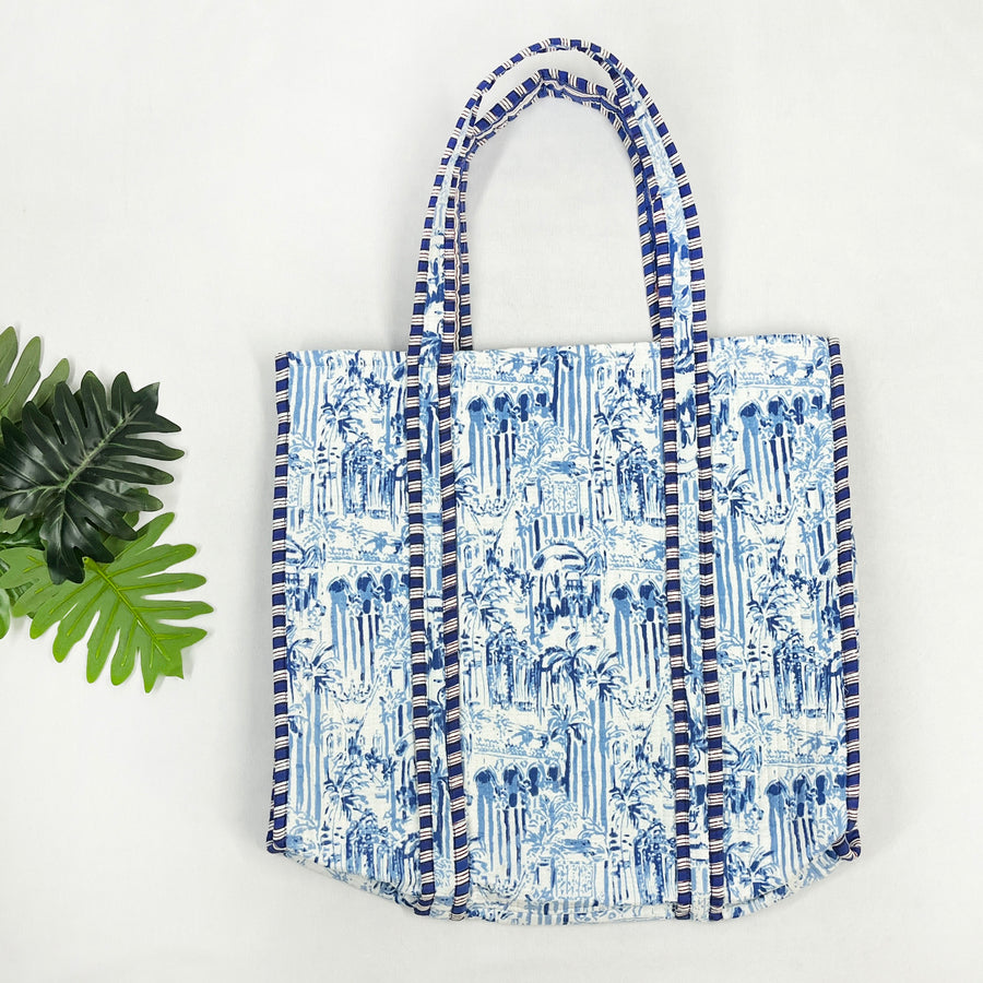 Blue Hand Block Print Tote Bag Perfect 100% Cotton Quilted Bag for Shopping