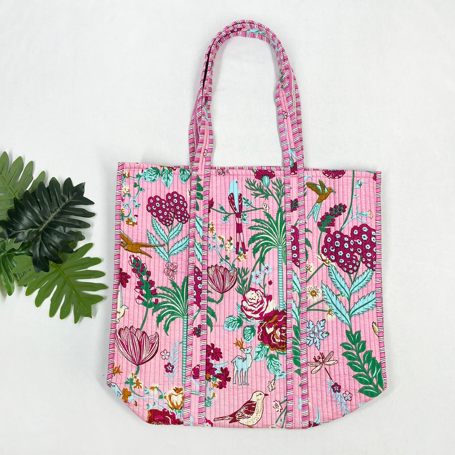 Cotton Tote Bags Quilted Shoulder Bags, Beautiful Handbag, Floral Print, Baby Pink Beach Bags