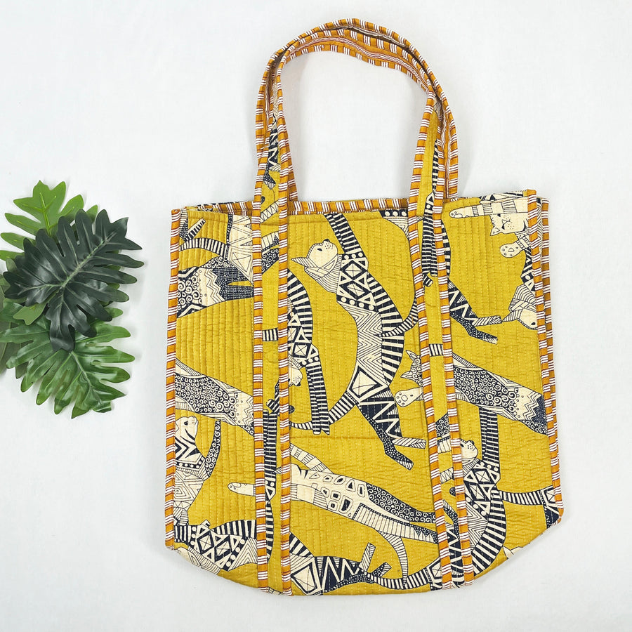 Cotton Quilted Shoulder Bags with a Yellow Cat Print, a stylish Tote Bag and Handbag