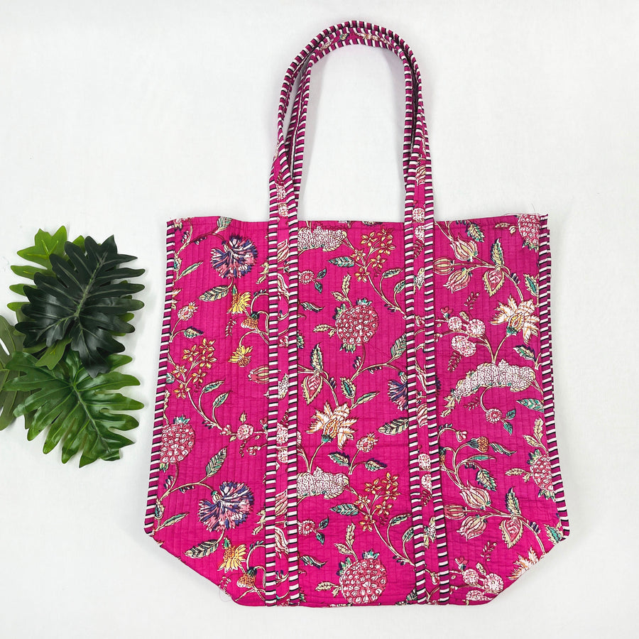 Floral Print Quilted Cotton Beach Bag, Pink Shoulder Bag, and Classic Handbag