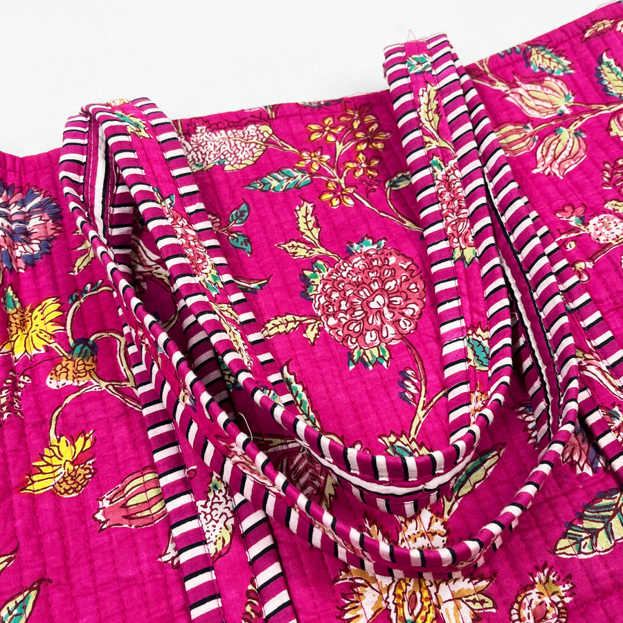 Floral Print Quilted Cotton Beach Bag, Pink Shoulder Bag, and Classic Handbag