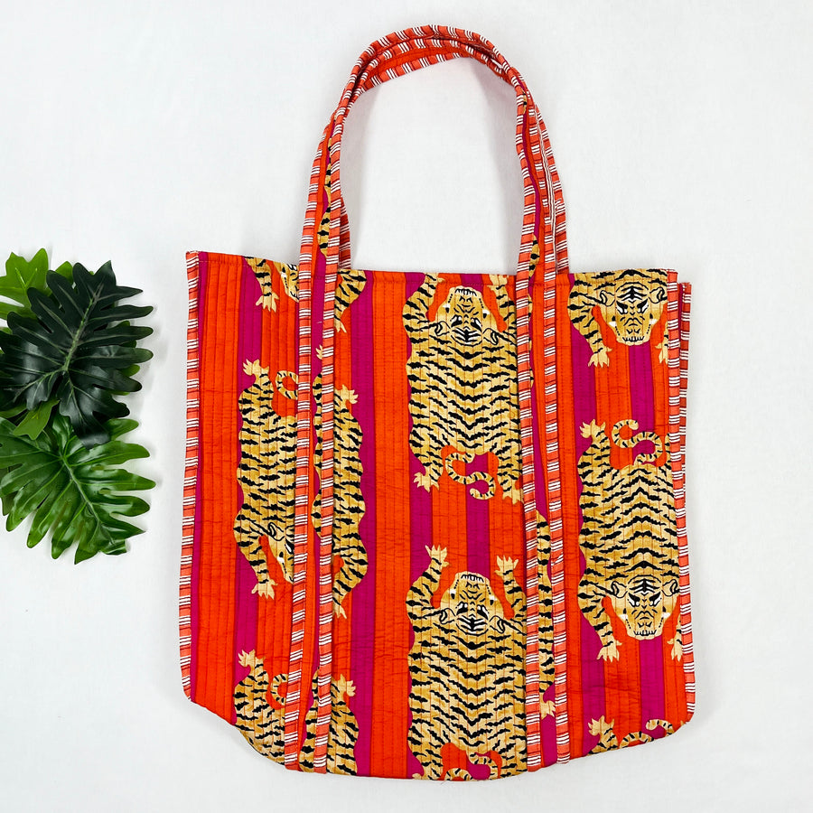 Eco-Friendly Cotton Quilted Tiger Print Shoulder Bags - Multi-Purpose Handbags