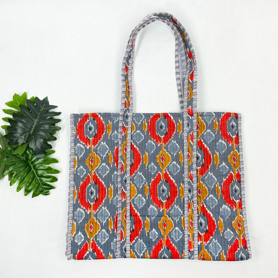 Elegant Grey Ikat Print Cotton Tote Bag - Eco-Friendly & Versatile for Every Occasion