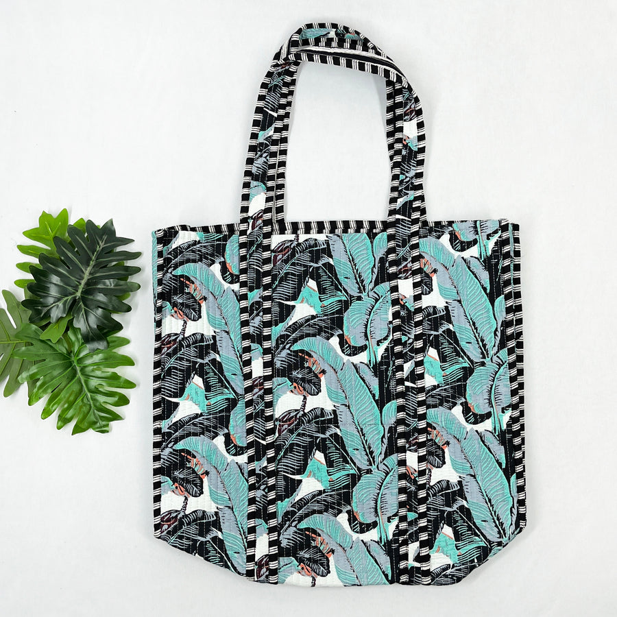 Grey & Sky Blue Banana Leaf Print Tote Bag – Eco-Friendly Cotton Essential for Shopping