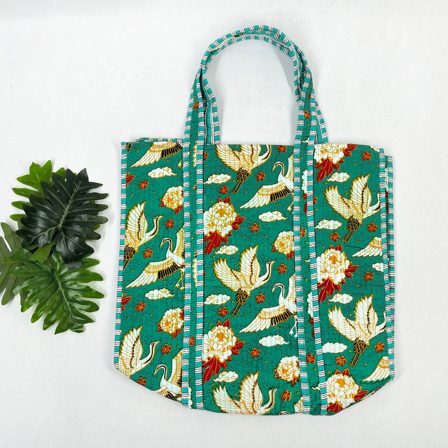 Charming Green Floral Bird Print Cotton Tote Bag - Eco-Friendly & Versatile for Every Occasion