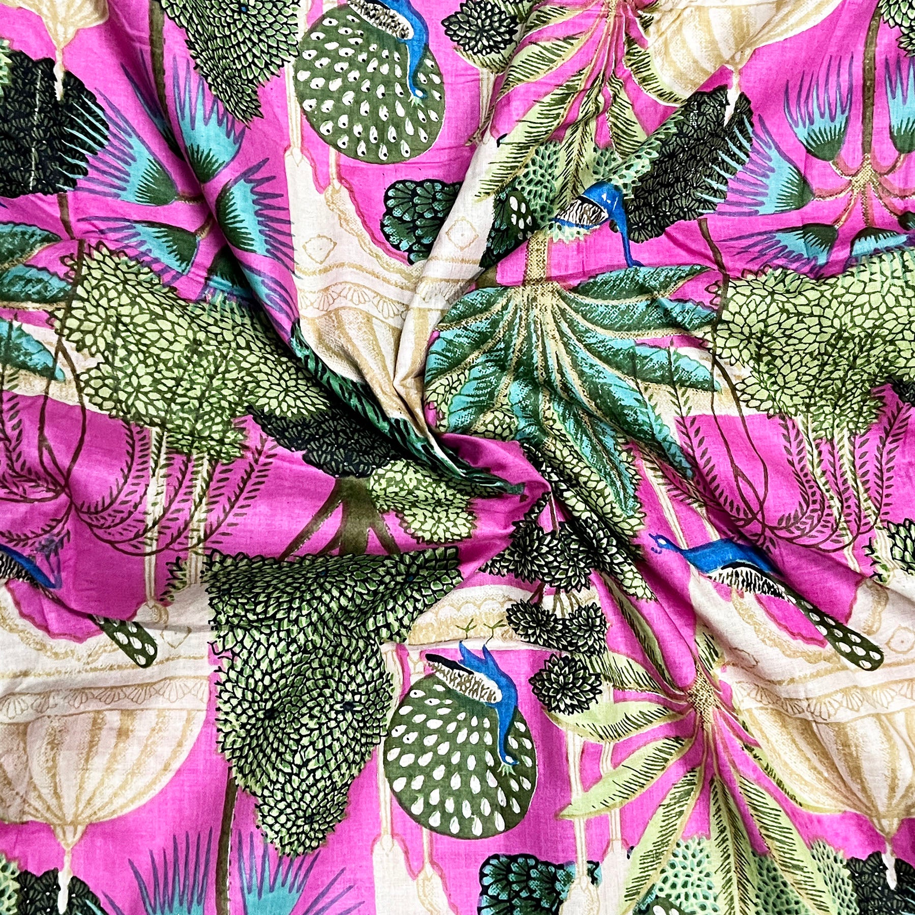 Beautiful Peacock Print Fabric Pink Color Fabric 100% Pure Cotton 90 GSM Fabric