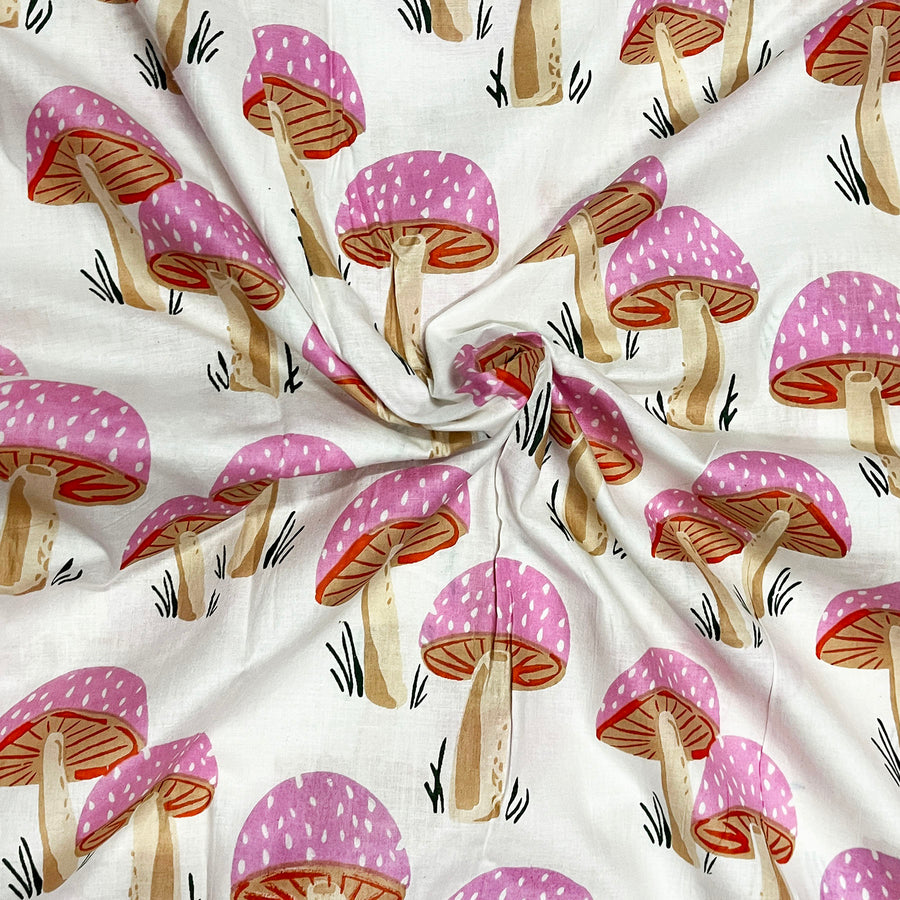 Pink Mushroom Print On White Cotton Fabric 100% Cotton Fabric 90 GSM Cotton Fabric