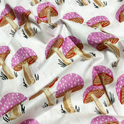 Pink Mushroom Print On White Cotton Fabric 100% Cotton Fabric 90 GSM Cotton Fabric