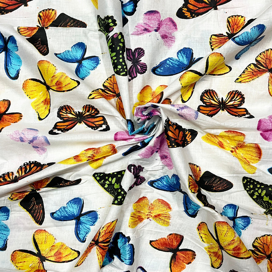 Beautiful White Color Cotton Fabric Colorful Butterfly Pattern Fabric 60X60 Fabric For Garments