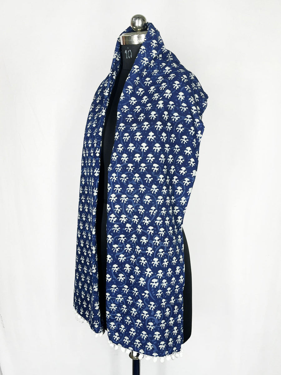 Handmade Pure 100% Cotton Scarfs Indian Scarves Hand Block Indigo-Blue Bandana Sarong Gift For Him 22X72 Inch