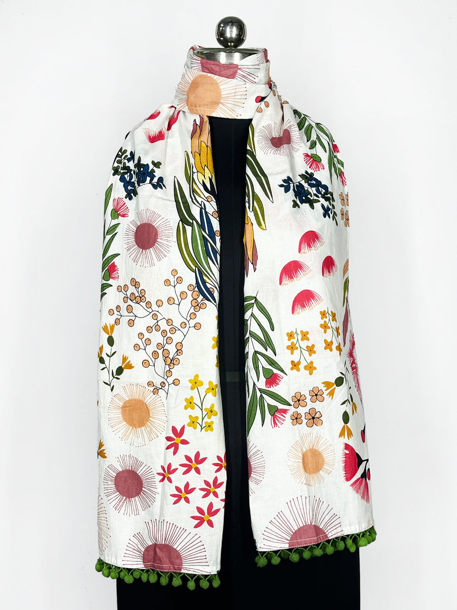 White Botanical Print Scarf with Green Pom-Pom Trim – Vibrant Floral Accessory