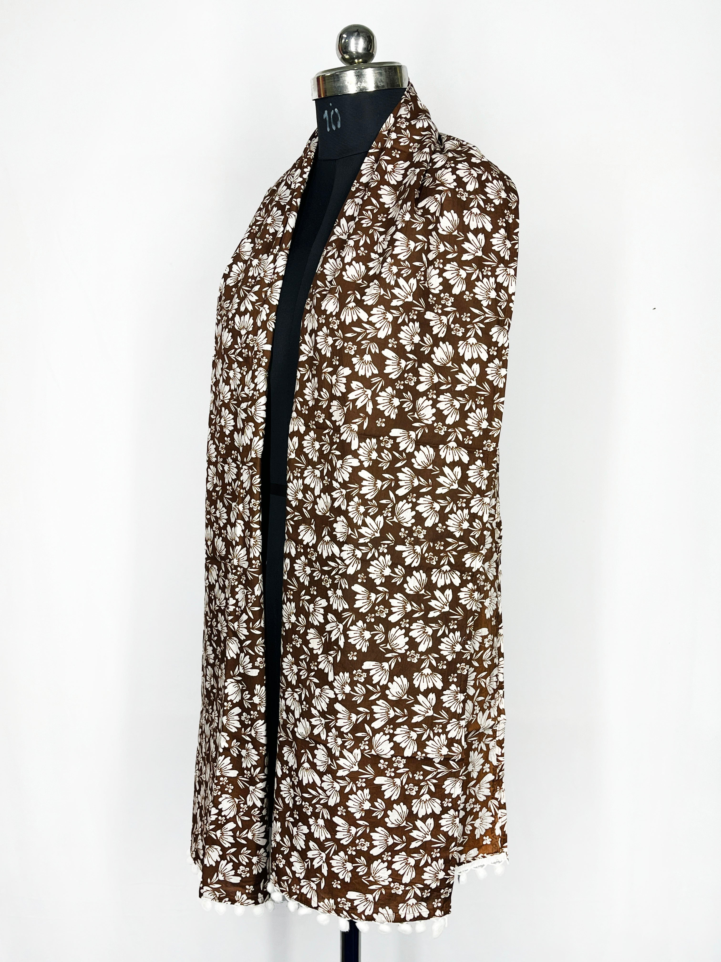 Pom-pom trim with a brown and white floral print scarf 22x72 Inch