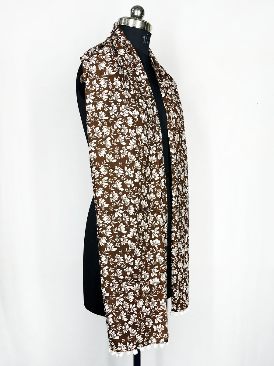 Pom-pom trim with a brown and white floral print scarf 22x72 Inch