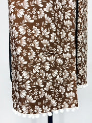 Pom-pom trim with a brown and white floral print scarf 22x72 Inch