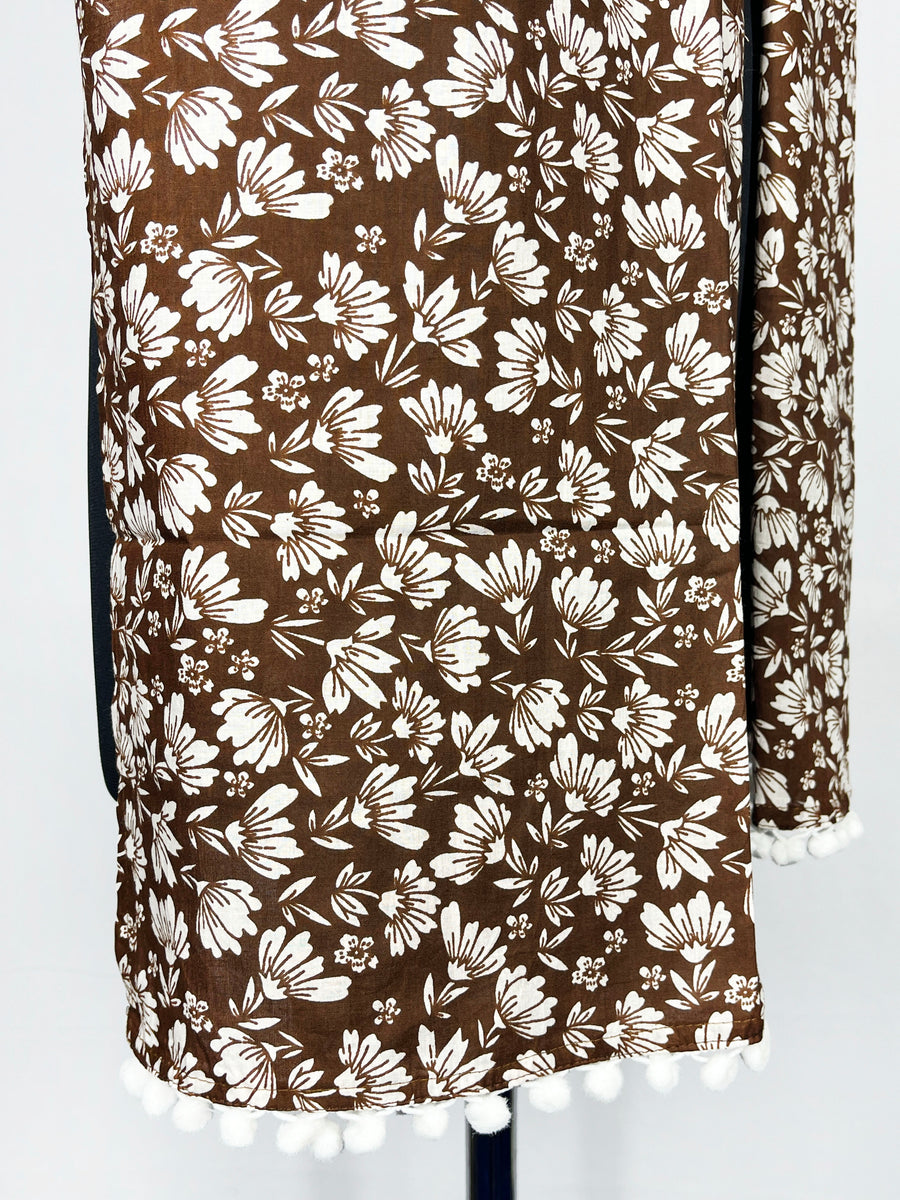 Pom-pom trim with a brown and white floral print scarf 22x72 Inch