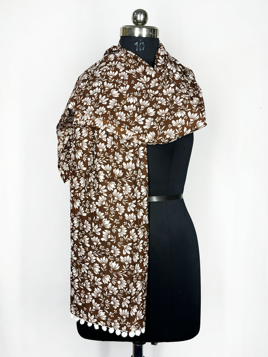 Pom-pom trim with a brown and white floral print scarf 22x72 Inch