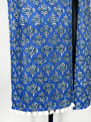 Pom-pom trim and an intricate paisley print adorn this royal blue scarf 22x72 Inch