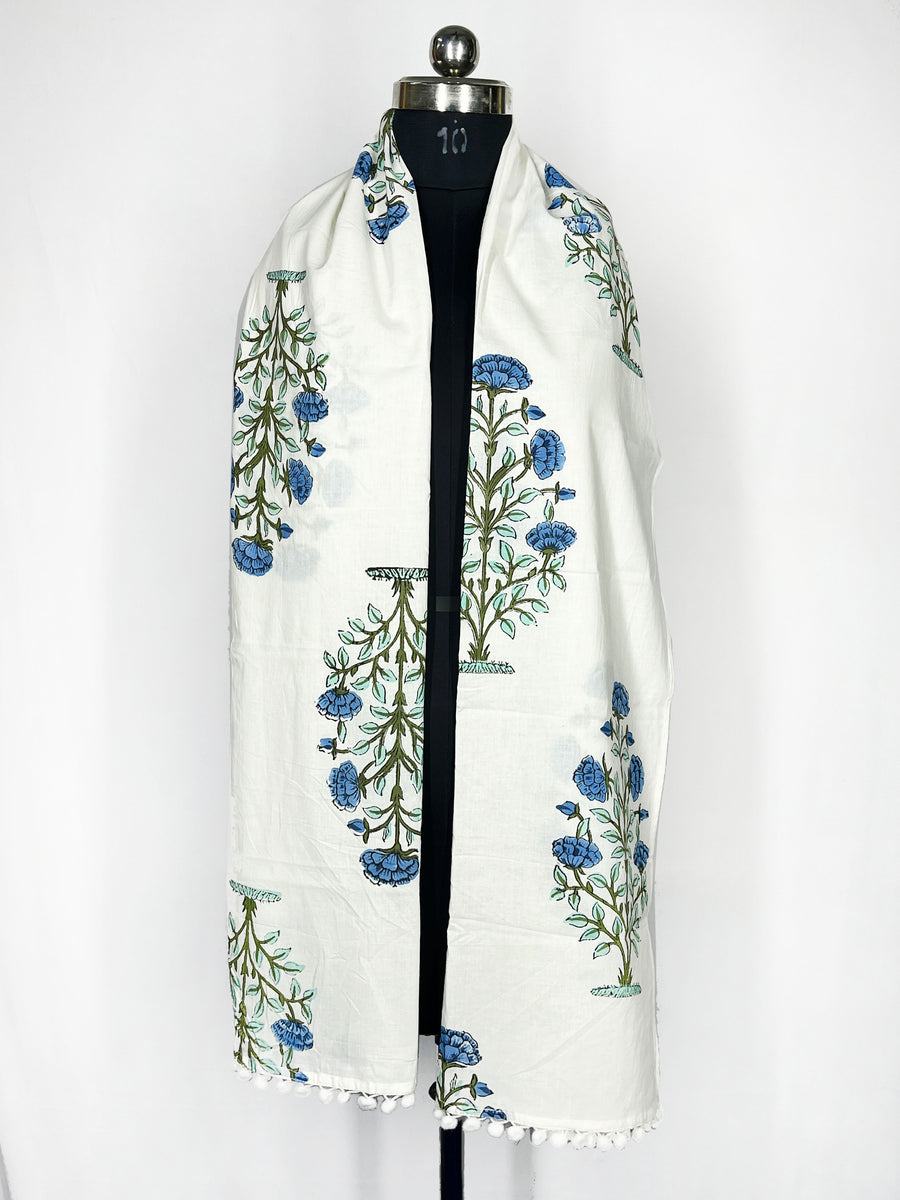 Lightweight and Stylish White Scarf with Blue Floral Print and Pom-Pom Trim