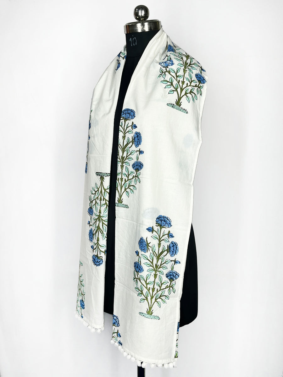 Lightweight and Stylish White Scarf with Blue Floral Print and Pom-Pom Trim