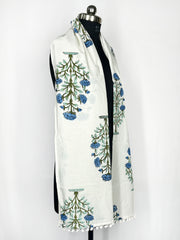 Lightweight and Stylish White Scarf with Blue Floral Print and Pom-Pom Trim