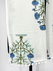 Lightweight and Stylish White Scarf with Blue Floral Print and Pom-Pom Trim