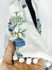 Lightweight and Stylish White Scarf with Blue Floral Print and Pom-Pom Trim