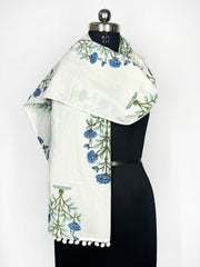 Lightweight and Stylish White Scarf with Blue Floral Print and Pom-Pom Trim