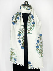 Lightweight and Stylish White Scarf with Blue Floral Print and Pom-Pom Trim