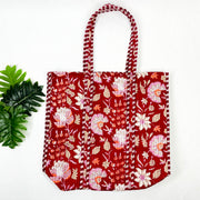 Red Floral Print Tote Bag 100% Cotton Shopping Bag