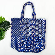 Handmade Cotton Blue Patch Print reversible Shopping Bag,Tote Bag,Large Shopping