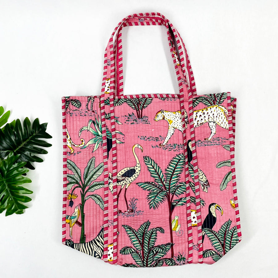 Quilted Cotton Handprinted Reversible Tote Bag, Large baby pink Jungle Print Shoulder Bag