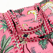 Quilted Cotton Handprinted Reversible Tote Bag, Large baby pink Jungle Print Shoulder Bag